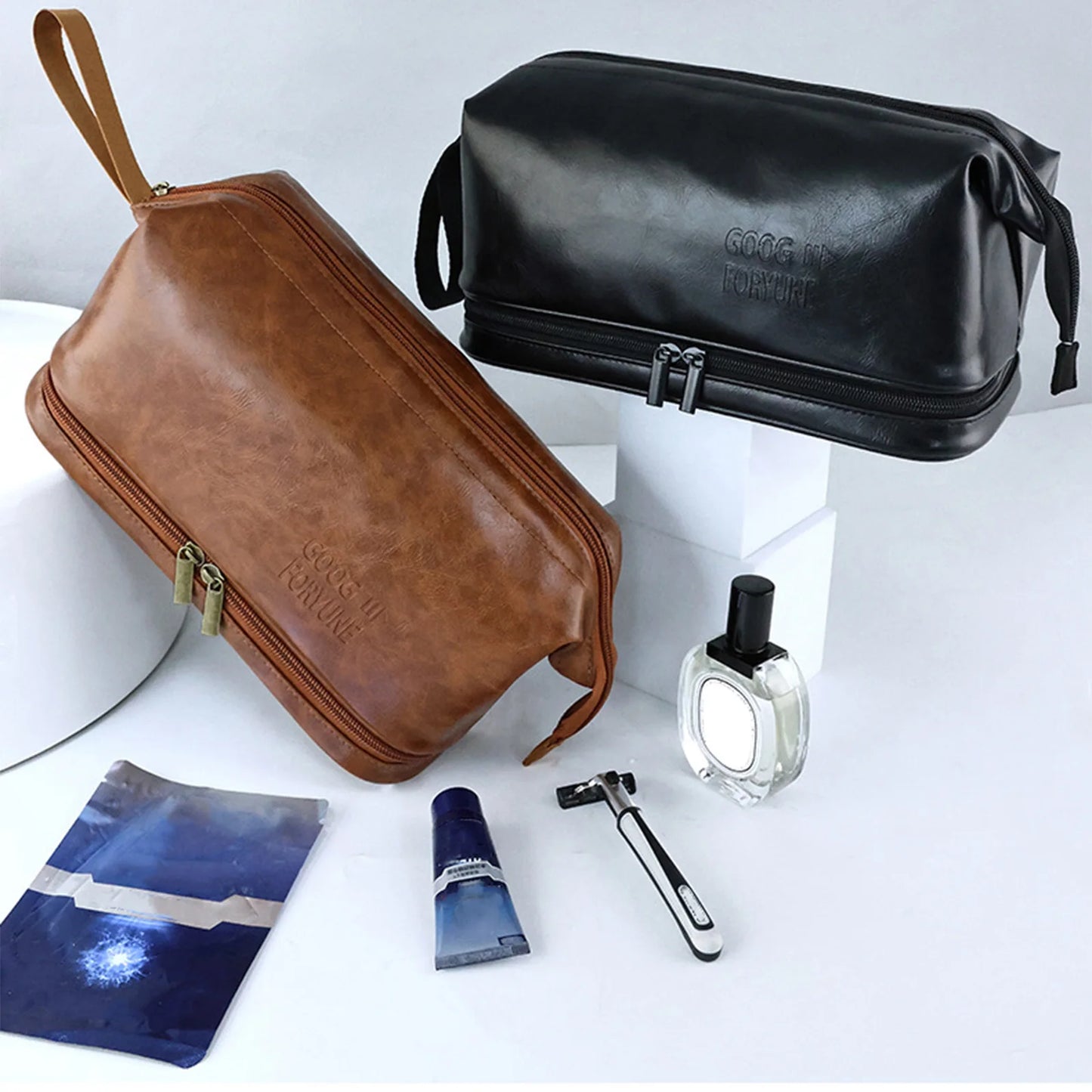 Men Business Travel Wash Toiletry Bag Waterproof PU Leather Bathroom Shaving Tools Organizer Bag Makeup Pouch Women Cosmetic Bag