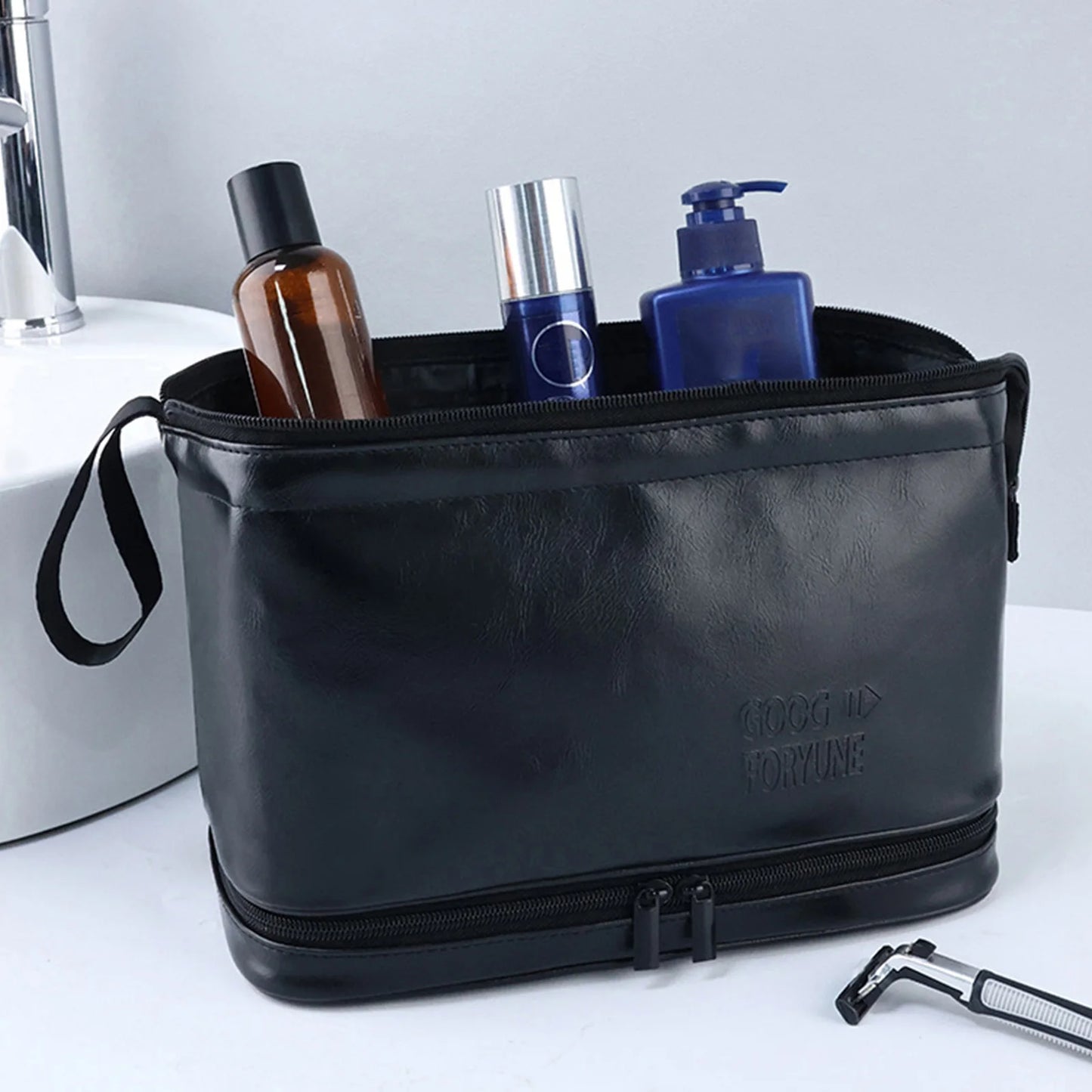 Men Business Travel Wash Toiletry Bag Waterproof PU Leather Bathroom Shaving Tools Organizer Bag Makeup Pouch Women Cosmetic Bag