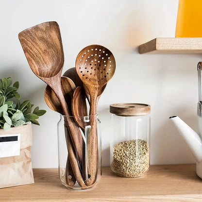 5pcs Wooden Kitchen Utensils Set, Wooden Spoons Natural Spurtle Set for Non-stick Pan, Kitchen Ladle and Wok Spatulas