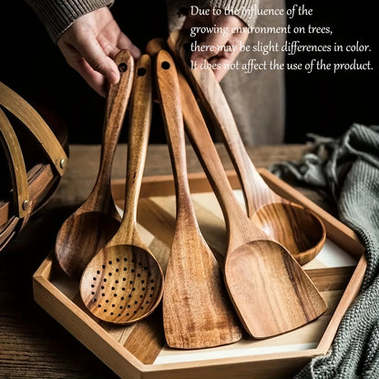 5pcs Wooden Kitchen Utensils Set, Wooden Spoons Natural Spurtle Set for Non-stick Pan, Kitchen Ladle and Wok Spatulas