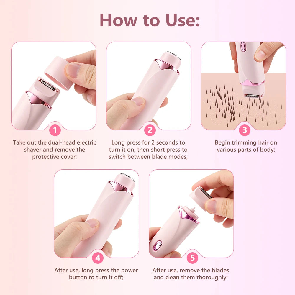 2 in 1 Double Head Electric Shaver for Women Waterproof Wet & Dry Hair Razors Bikini Hair Trimmer Detachable Head Shaver